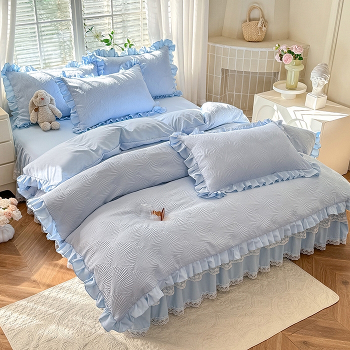 91家纺网 家纺一手货源 找家纺 唐人居 2025新款泡泡纱提花花边床裙四件套-银杏叶 银杏叶-天蓝