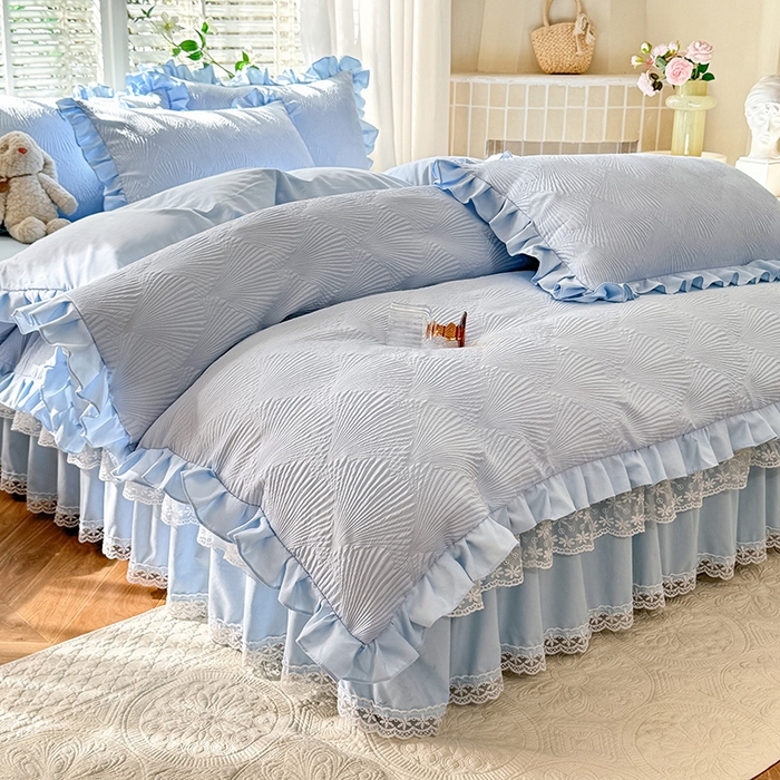 91家纺网 家纺一手货源 找家纺 唐人居 2025新款泡泡纱提花花边床裙四件套-银杏叶 银杏叶-天蓝