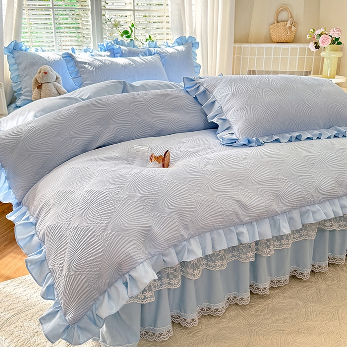 91家纺网 家纺一手货源 找家纺 唐人居 2025新款泡泡纱提花花边床裙四件套-银杏叶 银杏叶-天蓝