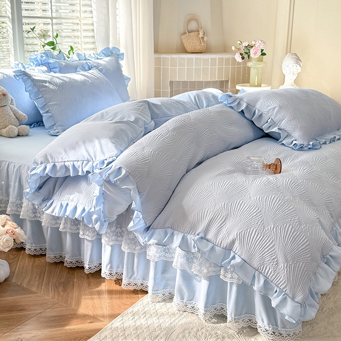 91家纺网 家纺一手货源 找家纺 唐人居 2025新款泡泡纱提花花边床裙四件套-银杏叶 银杏叶-天蓝