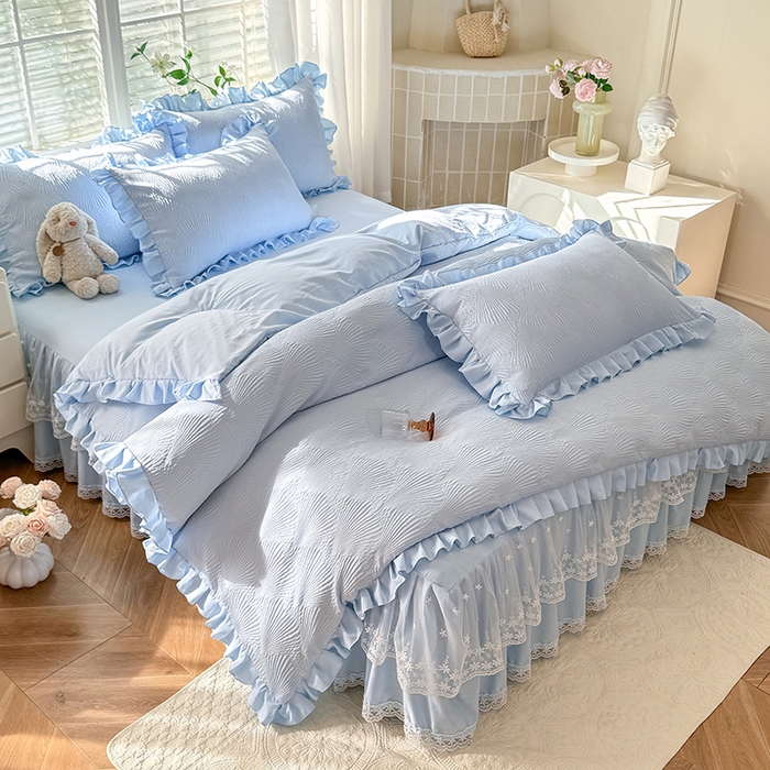 91家纺网 家纺一手货源 找家纺 唐人居 2025新款泡泡纱提花花边床裙四件套-银杏叶 银杏叶-天蓝