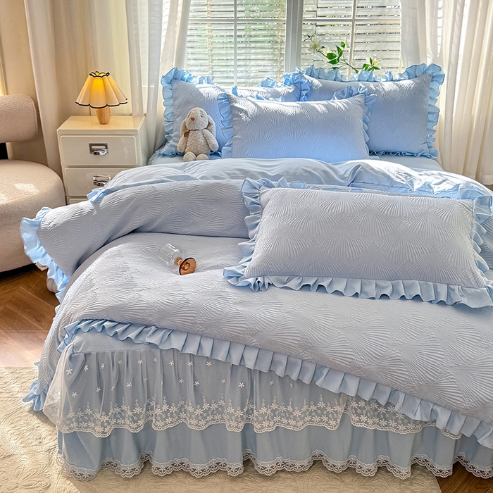 91家纺网 家纺一手货源 找家纺 唐人居 2025新款泡泡纱提花花边床裙四件套-银杏叶 银杏叶-天蓝