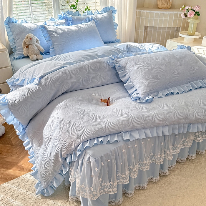 91家纺网 家纺一手货源 找家纺 唐人居 2025新款泡泡纱提花花边床裙四件套-银杏叶 银杏叶-天蓝