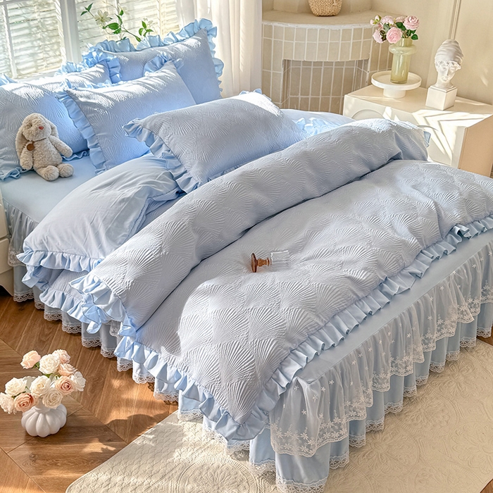 91家纺网 家纺一手货源 找家纺 唐人居 2025新款泡泡纱提花花边床裙四件套-银杏叶 银杏叶-天蓝