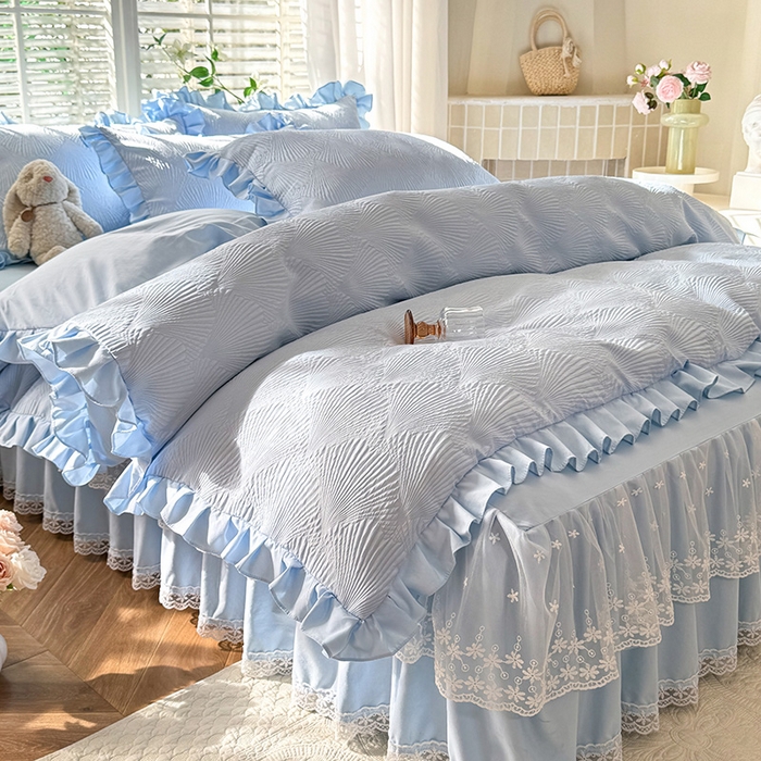 91家纺网 家纺一手货源 找家纺 唐人居 2025新款泡泡纱提花花边床裙四件套-银杏叶 银杏叶-天蓝