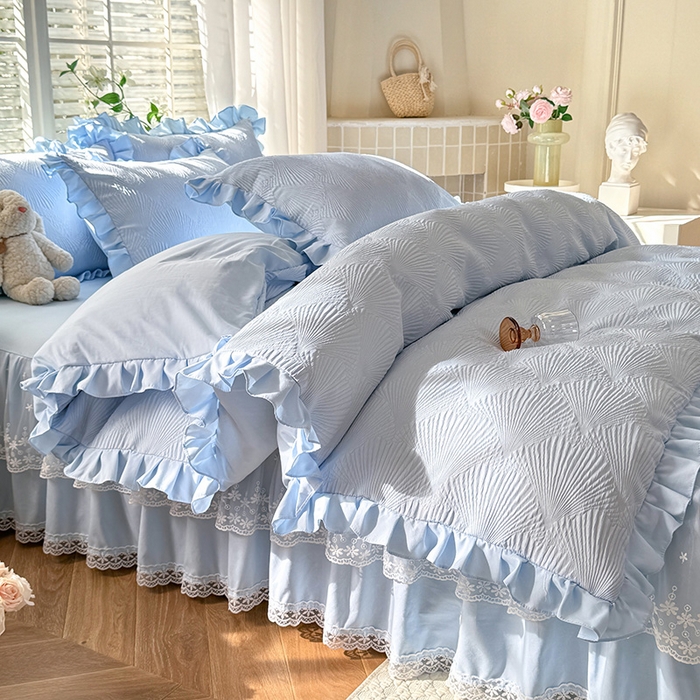 91家纺网 家纺一手货源 找家纺 唐人居 2025新款泡泡纱提花花边床裙四件套-银杏叶 银杏叶-天蓝