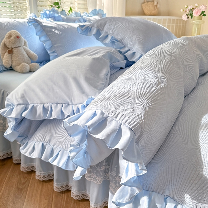 91家纺网 家纺一手货源 找家纺 唐人居 2025新款泡泡纱提花花边床裙四件套-银杏叶 银杏叶-天蓝