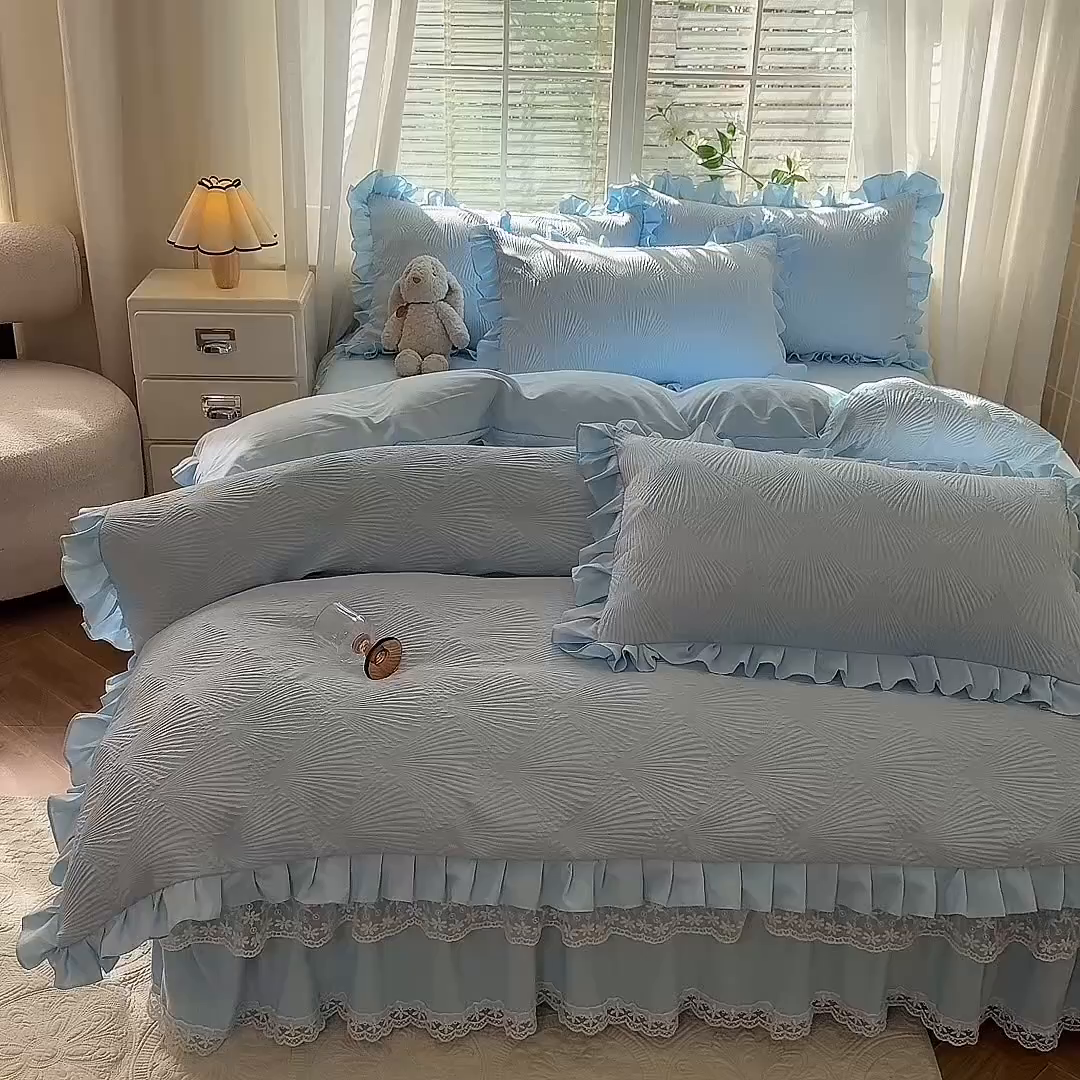 91家纺网 家纺一手货源 找家纺 唐人居 2025新款泡泡纱提花花边床裙四件套-银杏叶 银杏叶-天蓝