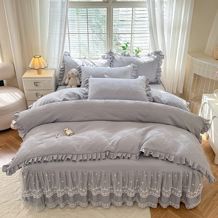 唐人居 2025新款泡泡纱提花花边床裙四件套-银杏叶 银杏叶-气质灰