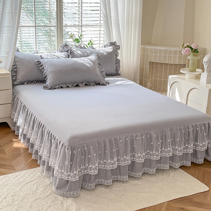 91家纺网 家纺一手货源 找家纺 唐人居 2025新款泡泡纱提花花边床裙四件套-银杏叶 银杏叶-气质灰