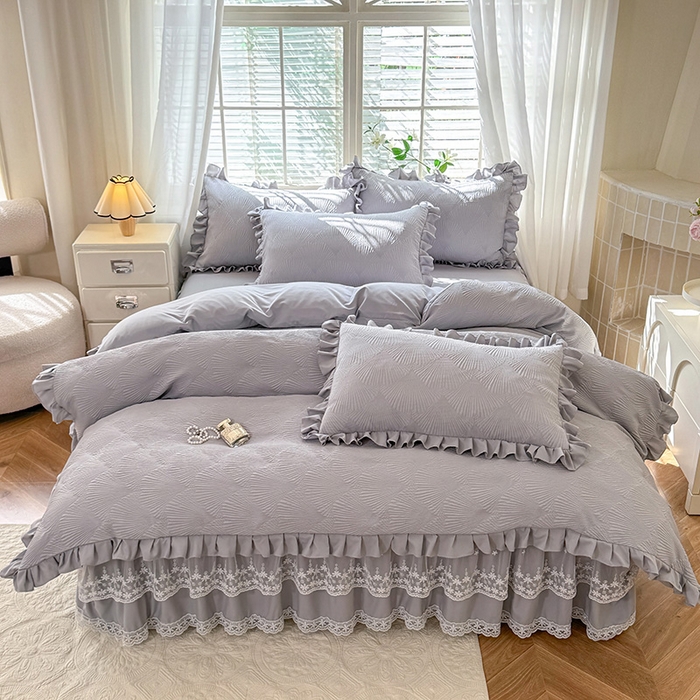 91家纺网 家纺一手货源 找家纺 唐人居 2025新款泡泡纱提花花边床裙四件套-银杏叶 银杏叶-气质灰