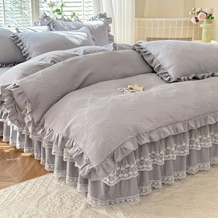 91家纺网 家纺一手货源 找家纺 唐人居 2025新款泡泡纱提花花边床裙四件套-银杏叶 银杏叶-气质灰