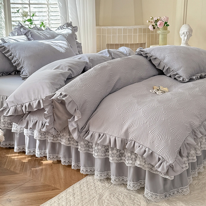 91家纺网 家纺一手货源 找家纺 唐人居 2025新款泡泡纱提花花边床裙四件套-银杏叶 银杏叶-气质灰