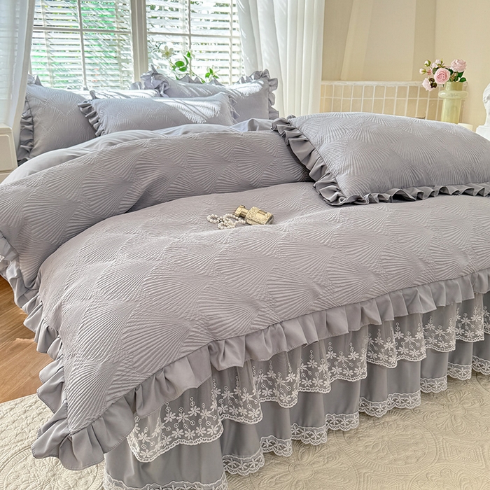 91家纺网 家纺一手货源 找家纺 唐人居 2025新款泡泡纱提花花边床裙四件套-银杏叶 银杏叶-气质灰