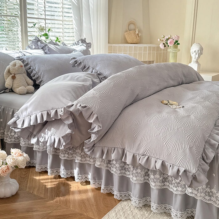 91家纺网 家纺一手货源 找家纺 唐人居 2025新款泡泡纱提花花边床裙四件套-银杏叶 银杏叶-气质灰