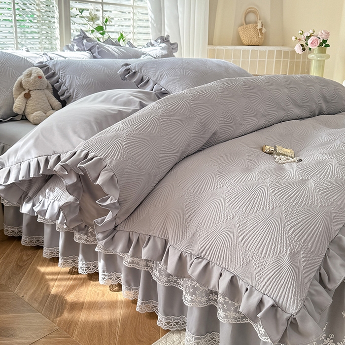 91家纺网 家纺一手货源 找家纺 唐人居 2025新款泡泡纱提花花边床裙四件套-银杏叶 银杏叶-气质灰