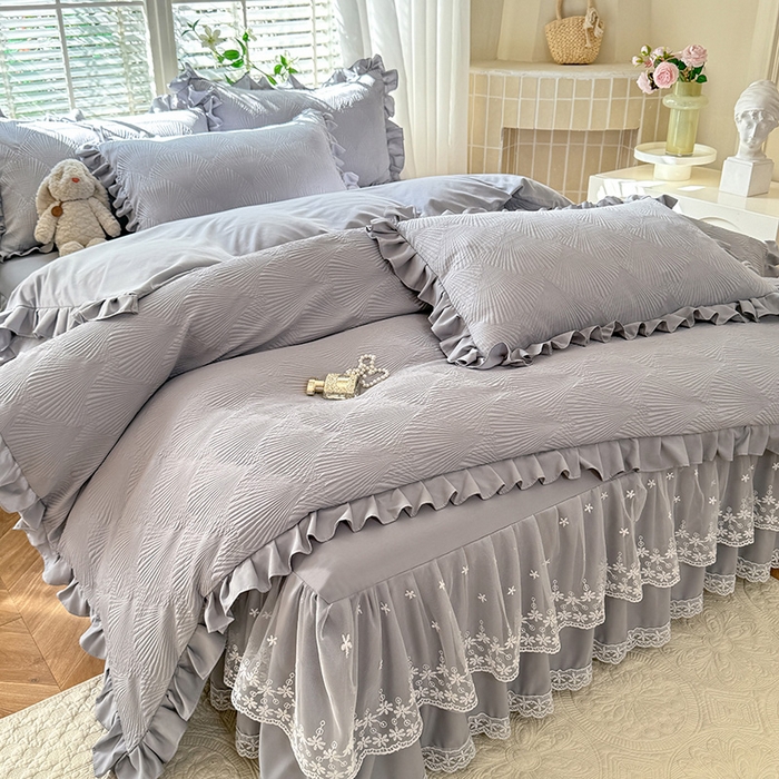 91家纺网 家纺一手货源 找家纺 唐人居 2025新款泡泡纱提花花边床裙四件套-银杏叶 银杏叶-气质灰