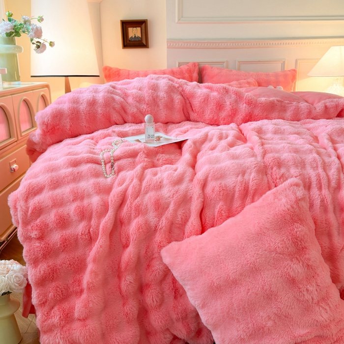 91家纺网 家纺一手货源 找家纺 唐人居 2025新款泡泡兔毛牛奶绒四件套--七彩 粉玉