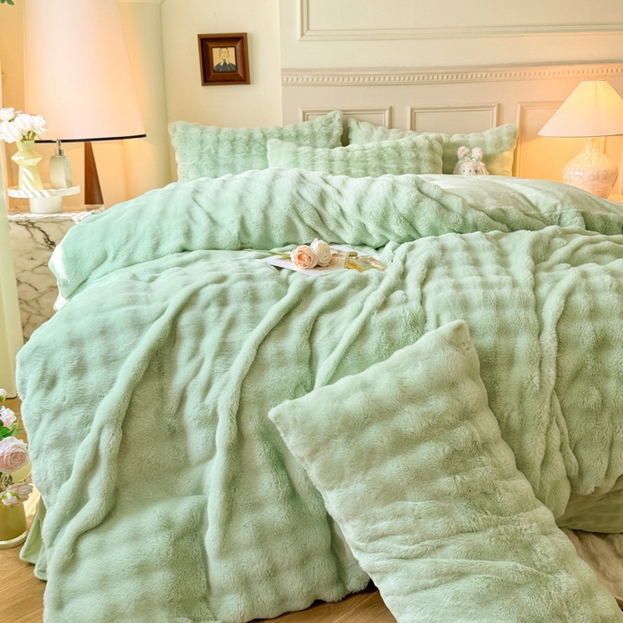 91家纺网 家纺一手货源 找家纺 唐人居 2025新款泡泡兔毛牛奶绒四件套--七彩 浅绿