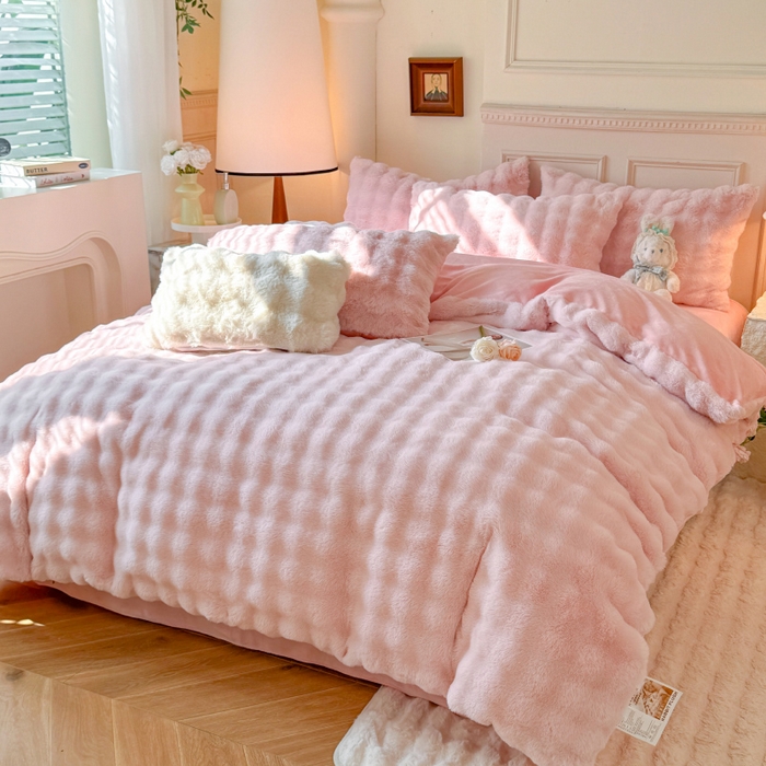 91家纺网 家纺一手货源 找家纺 唐人居 2025新款泡泡兔毛牛奶绒四件套--七彩 粉色