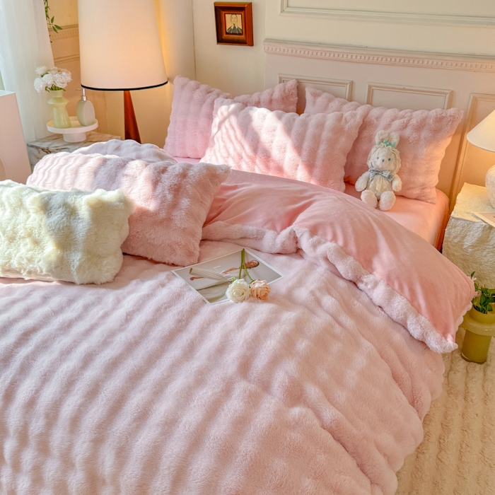 91家纺网 家纺一手货源 找家纺 唐人居 2025新款泡泡兔毛牛奶绒四件套--七彩 粉色