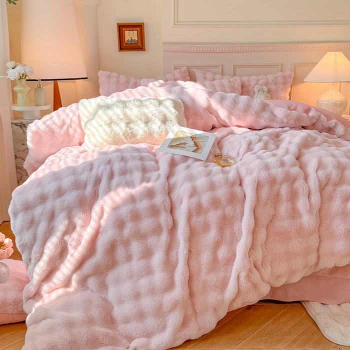 91家纺网 家纺一手货源 找家纺 唐人居 2025新款泡泡兔毛牛奶绒四件套--七彩 粉色