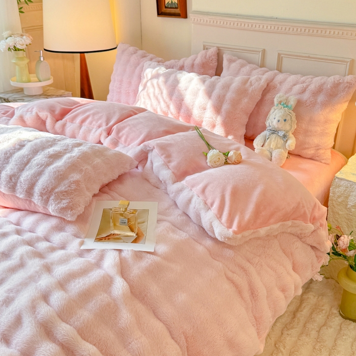 91家纺网 家纺一手货源 找家纺 唐人居 2025新款泡泡兔毛牛奶绒四件套--七彩 粉色