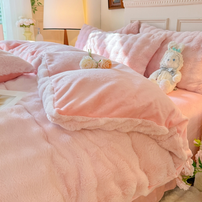 91家纺网 家纺一手货源 找家纺 唐人居 2025新款泡泡兔毛牛奶绒四件套--七彩 粉色
