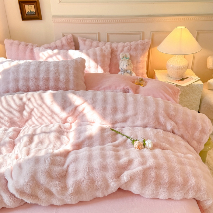 91家纺网 家纺一手货源 找家纺 唐人居 2025新款泡泡兔毛牛奶绒四件套--七彩 粉色