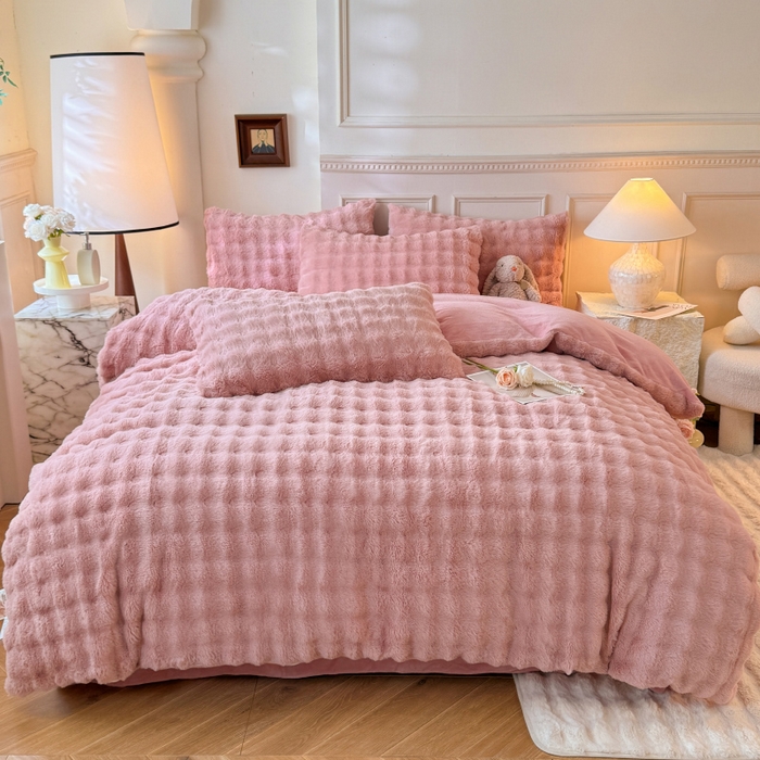 91家纺网 家纺一手货源 找家纺 唐人居 2025新款泡泡兔毛牛奶绒四件套--七彩 豆沙