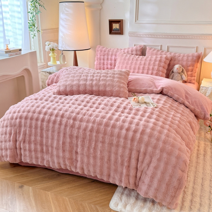 91家纺网 家纺一手货源 找家纺 唐人居 2025新款泡泡兔毛牛奶绒四件套--七彩 豆沙