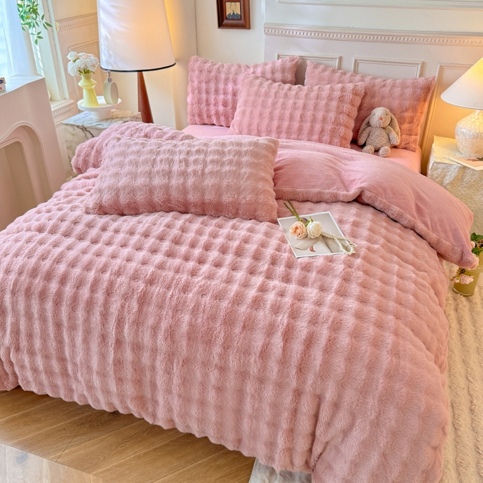 91家纺网 家纺一手货源 找家纺 唐人居 2025新款泡泡兔毛牛奶绒四件套--七彩 豆沙