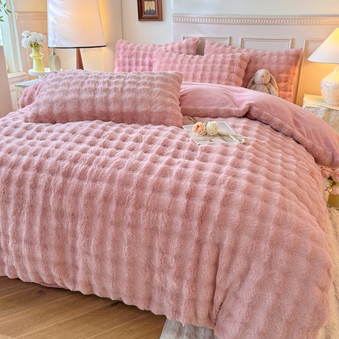 91家纺网 家纺一手货源 找家纺 唐人居 2025新款泡泡兔毛牛奶绒四件套--七彩 豆沙