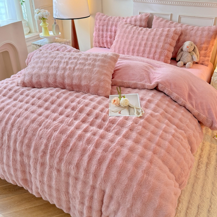 91家纺网 家纺一手货源 找家纺 唐人居 2025新款泡泡兔毛牛奶绒四件套--七彩 豆沙