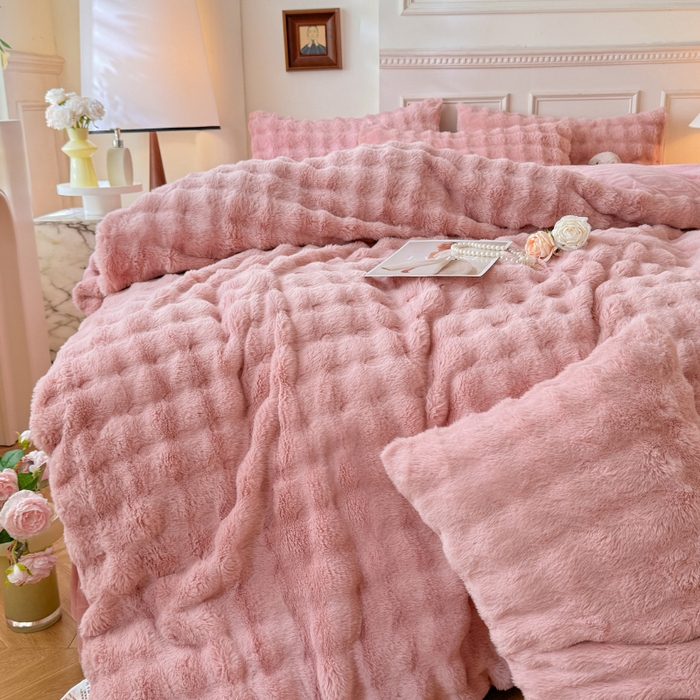 91家纺网 家纺一手货源 找家纺 唐人居 2025新款泡泡兔毛牛奶绒四件套--七彩 豆沙