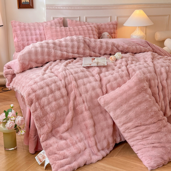 91家纺网 家纺一手货源 找家纺 唐人居 2025新款泡泡兔毛牛奶绒四件套--七彩 豆沙