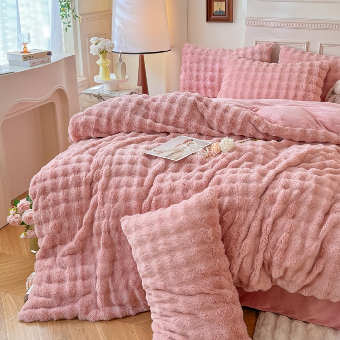 91家纺网 家纺一手货源 找家纺 唐人居 2025新款泡泡兔毛牛奶绒四件套--七彩 豆沙