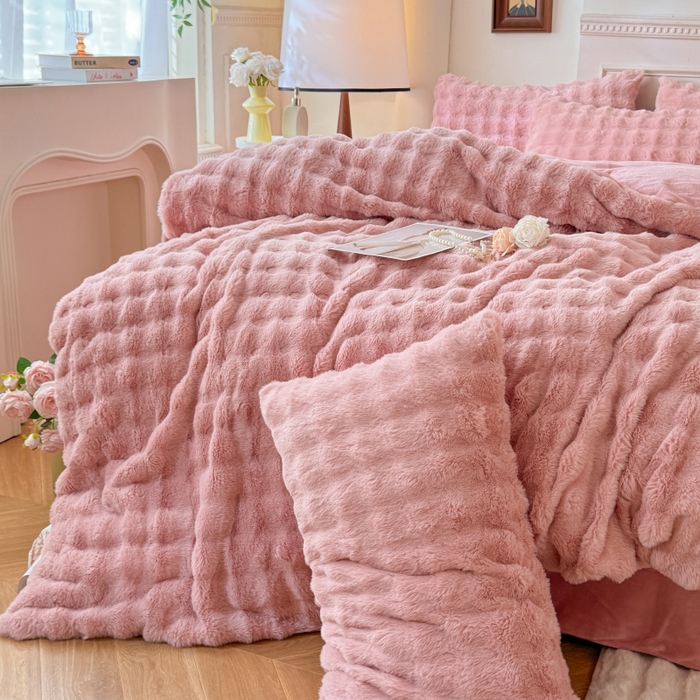 91家纺网 家纺一手货源 找家纺 唐人居 2025新款泡泡兔毛牛奶绒四件套--七彩 豆沙