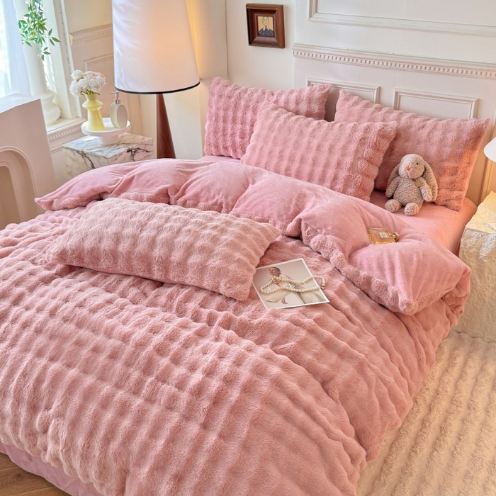 91家纺网 家纺一手货源 找家纺 唐人居 2025新款泡泡兔毛牛奶绒四件套--七彩 豆沙