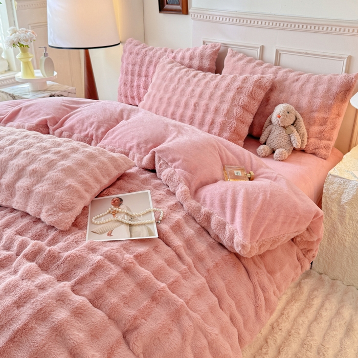 91家纺网 家纺一手货源 找家纺 唐人居 2025新款泡泡兔毛牛奶绒四件套--七彩 豆沙