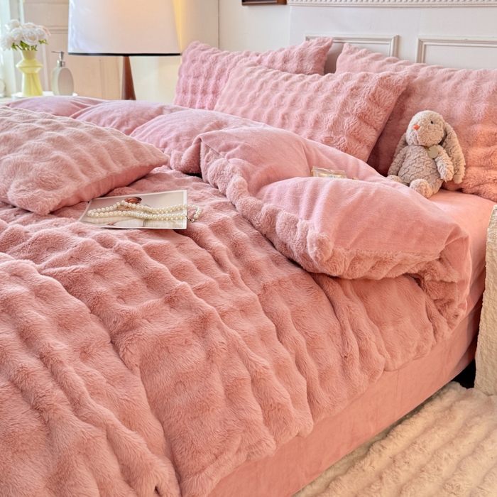 91家纺网 家纺一手货源 找家纺 唐人居 2025新款泡泡兔毛牛奶绒四件套--七彩 豆沙