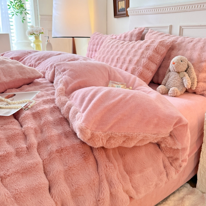 91家纺网 家纺一手货源 找家纺 唐人居 2025新款泡泡兔毛牛奶绒四件套--七彩 豆沙