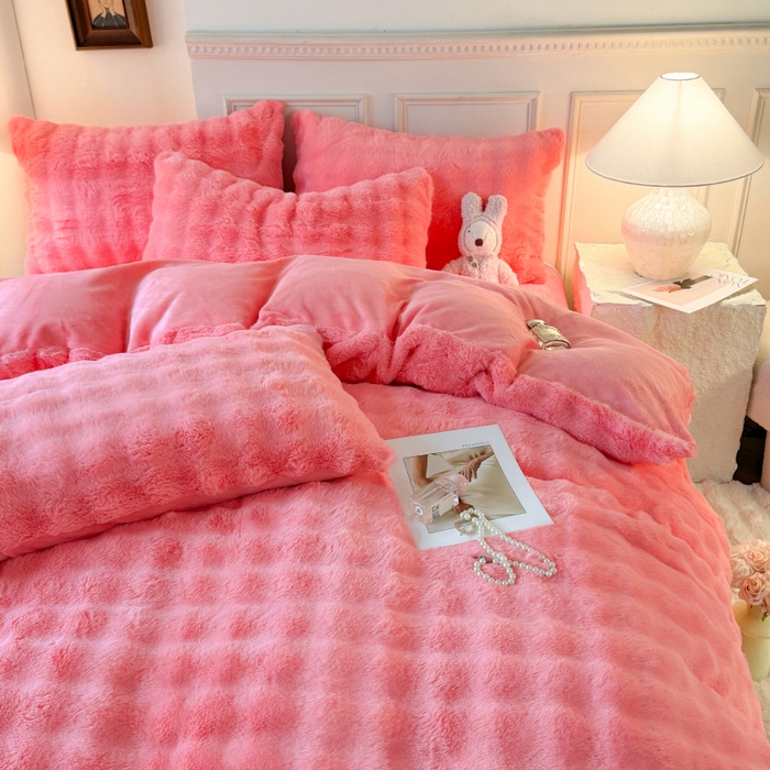 91家纺网 家纺一手货源 找家纺 唐人居 2025新款泡泡兔毛牛奶绒四件套--七彩 粉玉