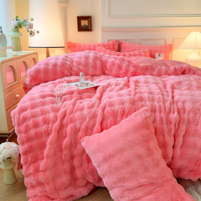 91家纺网 家纺一手货源 找家纺 唐人居 2025新款泡泡兔毛牛奶绒四件套--七彩 粉玉