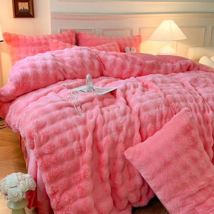 91家纺网 家纺一手货源 找家纺 唐人居 2025新款泡泡兔毛牛奶绒四件套--七彩 粉玉