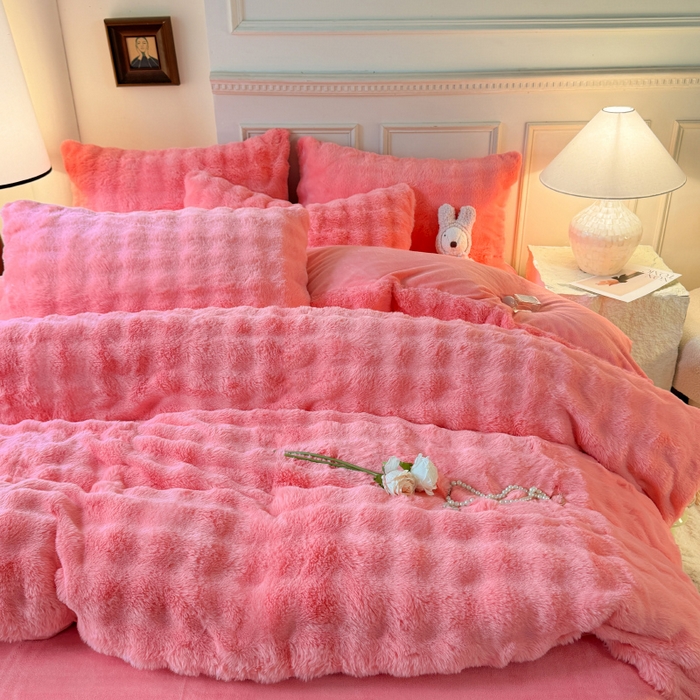 91家纺网 家纺一手货源 找家纺 唐人居 2025新款泡泡兔毛牛奶绒四件套--七彩 粉玉