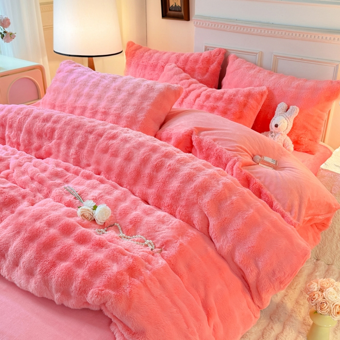 91家纺网 家纺一手货源 找家纺 唐人居 2025新款泡泡兔毛牛奶绒四件套--七彩 粉玉