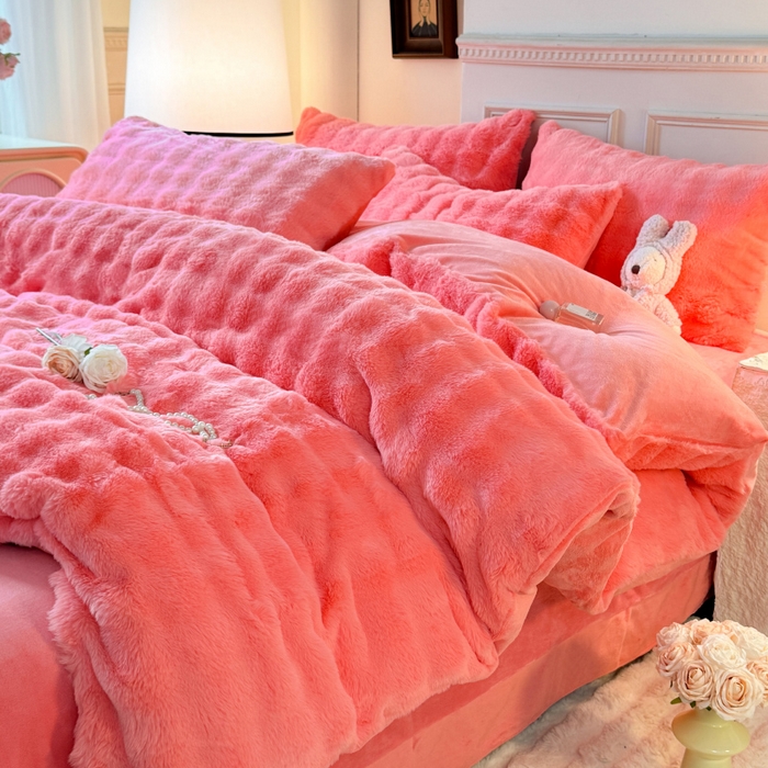 91家纺网 家纺一手货源 找家纺 唐人居 2025新款泡泡兔毛牛奶绒四件套--七彩 粉玉