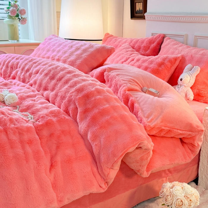 91家纺网 家纺一手货源 找家纺 唐人居 2025新款泡泡兔毛牛奶绒四件套--七彩 粉玉