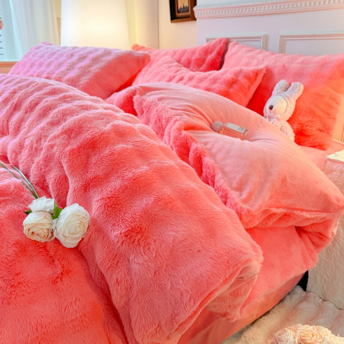 91家纺网 家纺一手货源 找家纺 唐人居 2025新款泡泡兔毛牛奶绒四件套--七彩 粉玉